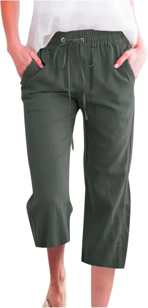 Capri Pants for Women Casual Summer Cropped Pants Cotton Linen Capris Straight Wide Leg Pants Trousers with Pockets