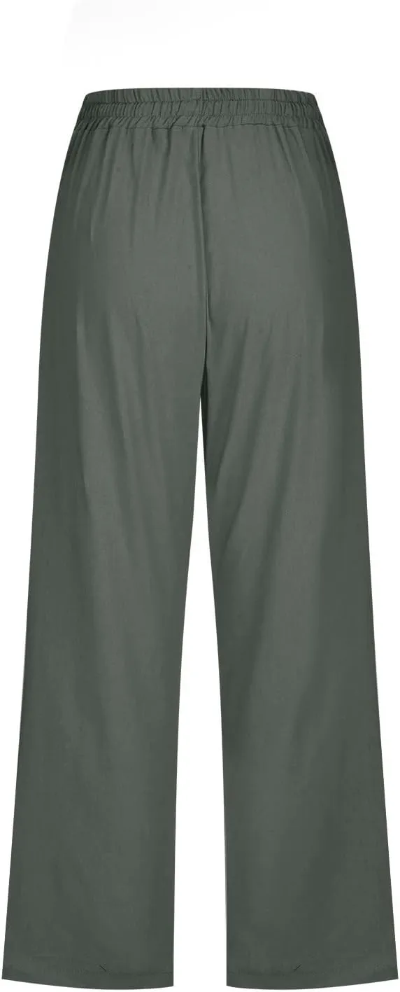 Capri Pants for Women Casual Summer Cropped Pants Cotton Linen Capris Straight Wide Leg Pants Trousers with Pockets