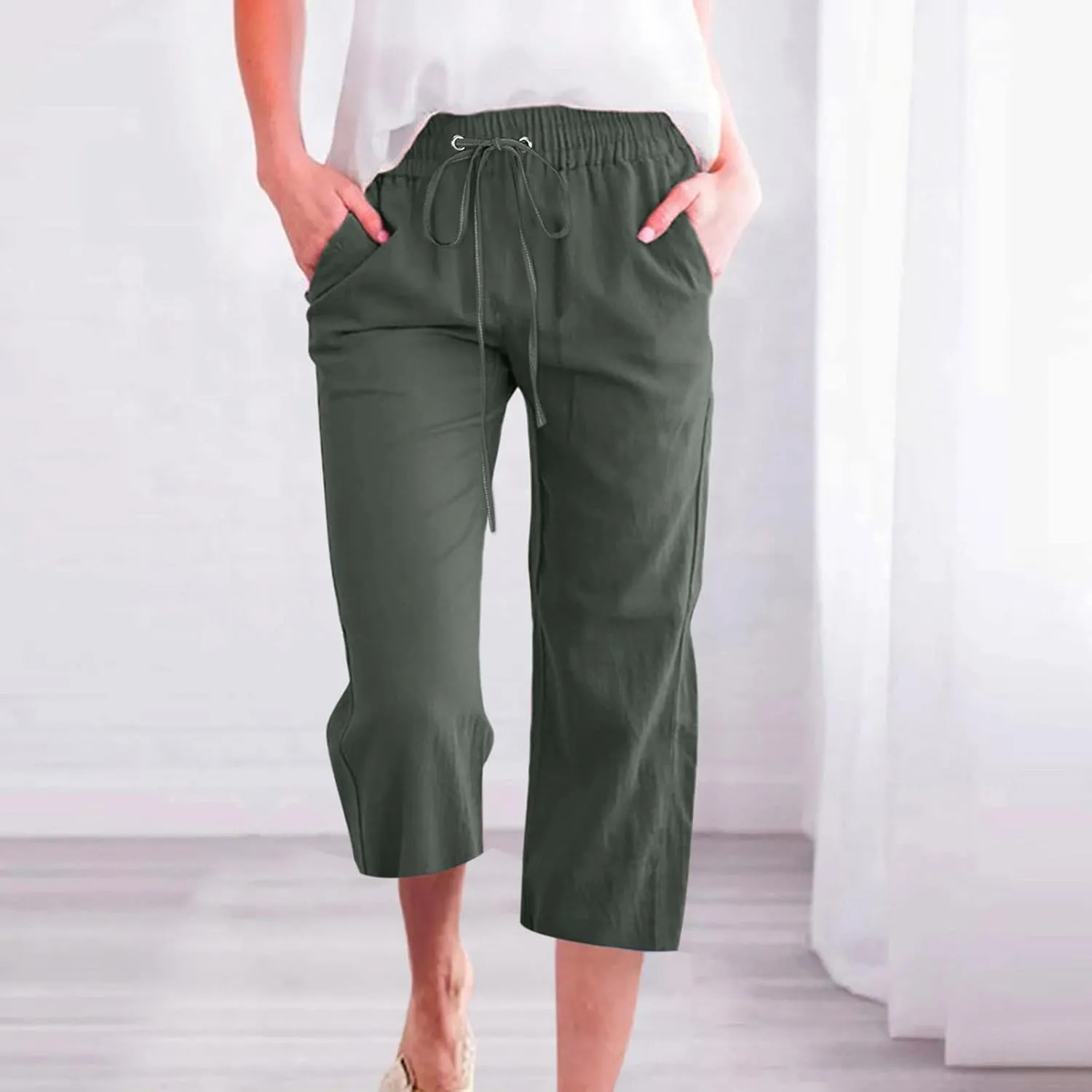 Capri Pants for Women Casual Summer Cropped Pants Cotton Linen Capris Straight Wide Leg Pants Trousers with Pockets
