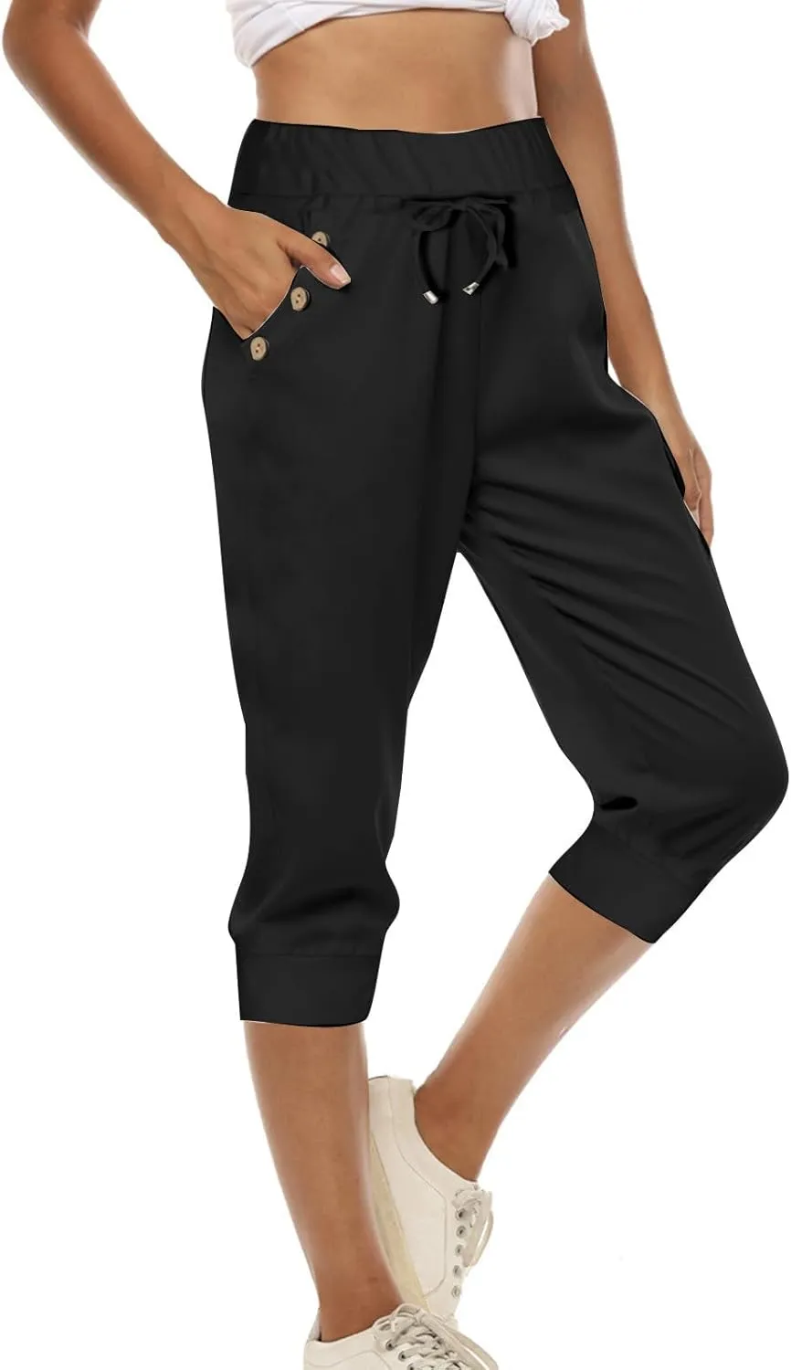 Capri Pants for Women High Waisted Drawstring Joggers Stretch Lightweight Casual Hiking Pant Capri with Pocket