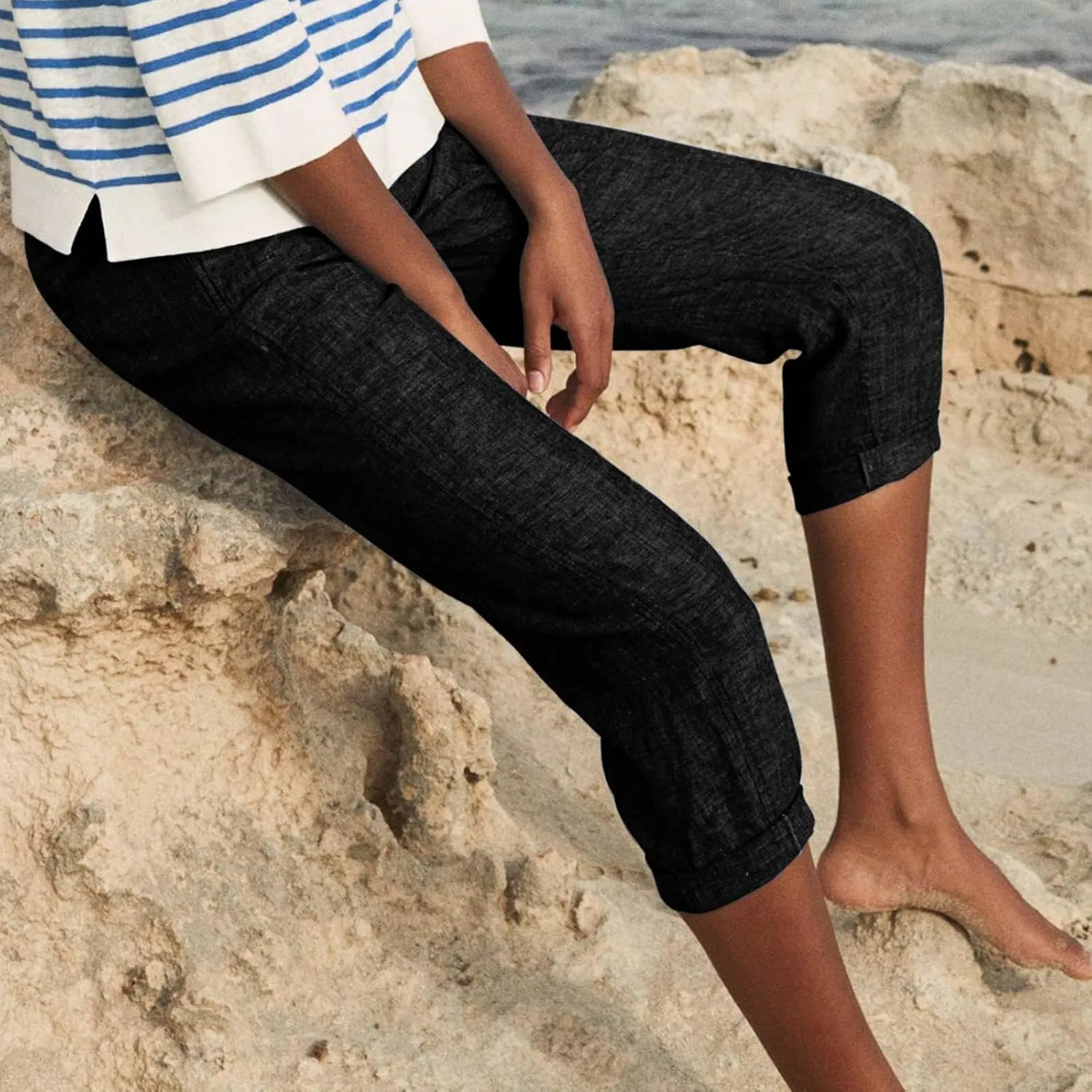 Capri Pants for Women Zipper Work Pants Casual Summer Pants Beach Cropped Pants with Pockets Solid Capri Pants Trendy