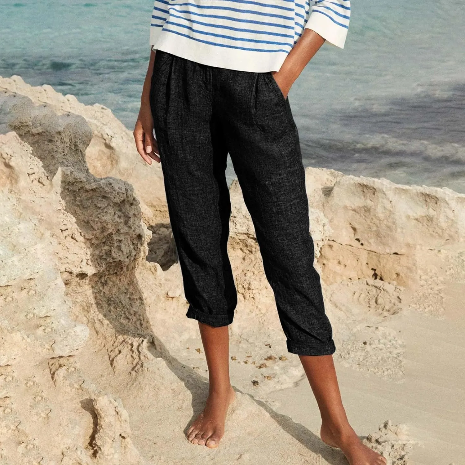 Capri Pants for Women Zipper Work Pants Casual Summer Pants Beach Cropped Pants with Pockets Solid Capri Pants Trendy
