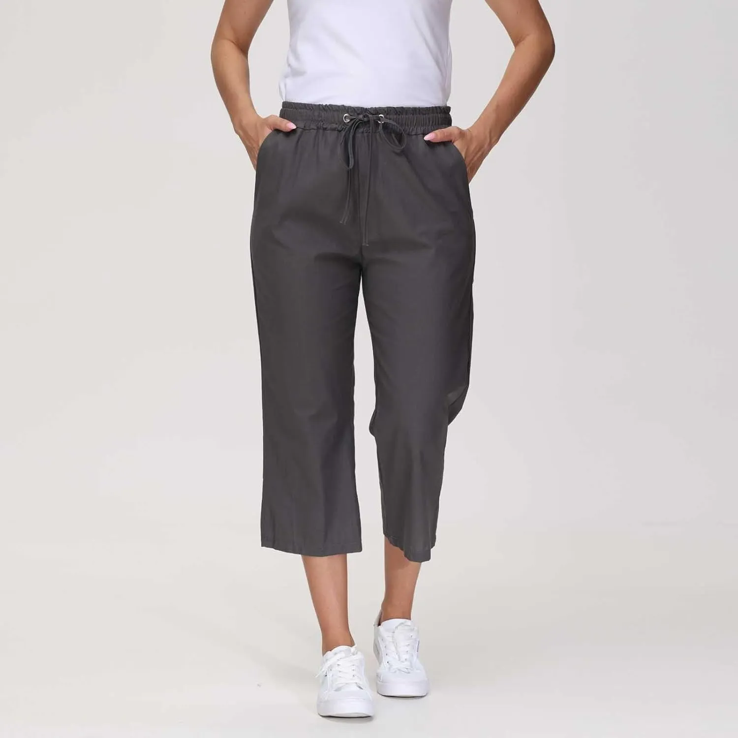 Capris Pants for Women Cotton Linen Casual Summer Straight Wide Leg Loose Drawstring Elastic Waist Cropped Trouser