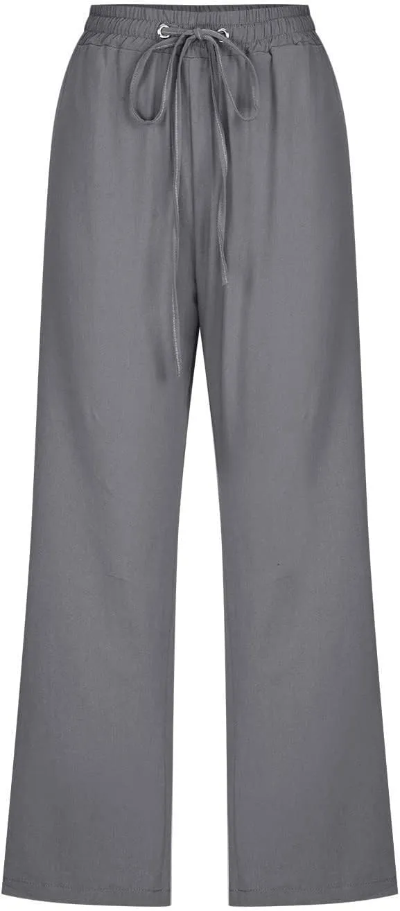 Capris Pants for Women Cotton Linen Casual Summer Straight Wide Leg Loose Drawstring Elastic Waist Cropped Trouser