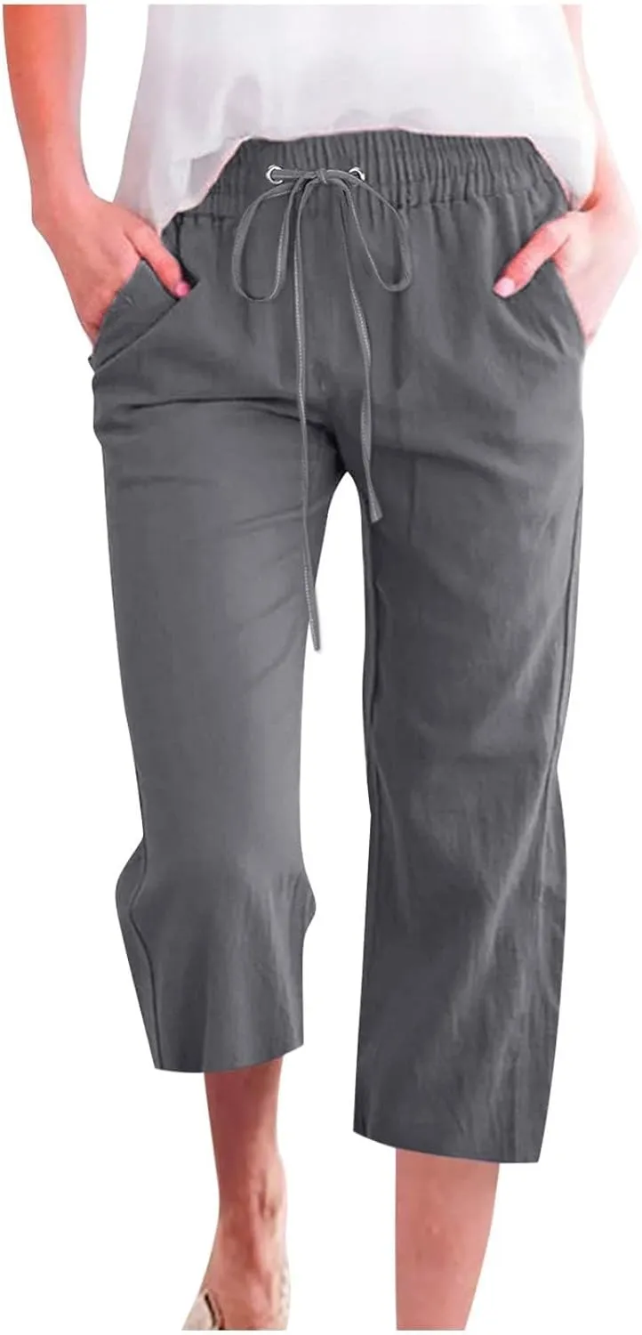 Capris Pants for Women Cotton Linen Casual Summer Straight Wide Leg Loose Drawstring Elastic Waist Cropped Trouser