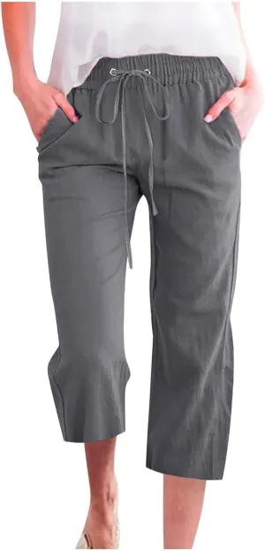 Capris Pants for Women Cotton Linen Casual Summer Straight Wide Leg Loose Drawstring Elastic Waist Cropped Trouser