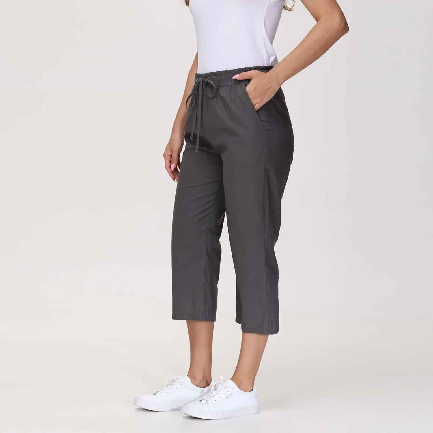 Capris Pants for Women Cotton Linen Casual Summer Straight Wide Leg Loose Drawstring Elastic Waist Cropped Trouser