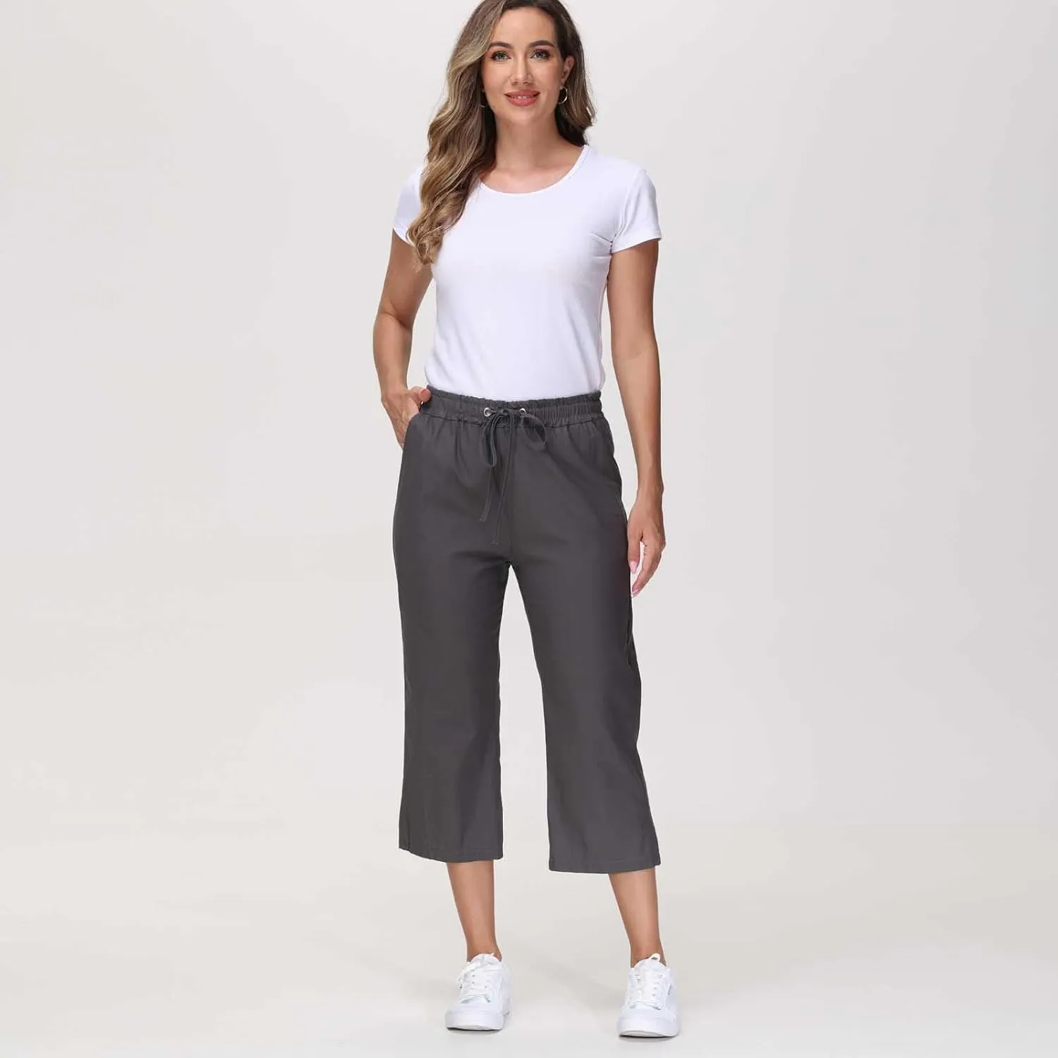 Capris Pants for Women Cotton Linen Casual Summer Straight Wide Leg Loose Drawstring Elastic Waist Cropped Trouser
