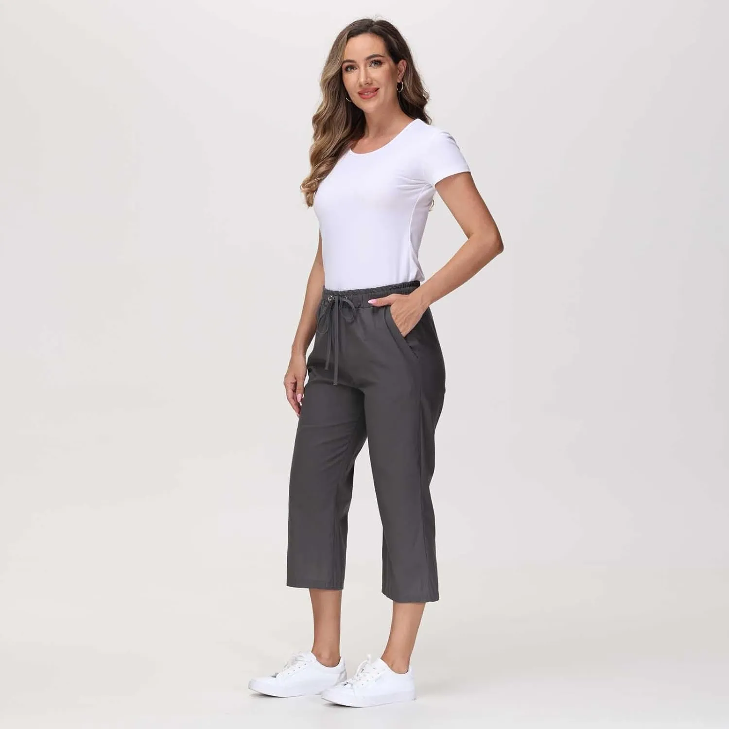 Capris Pants for Women Cotton Linen Casual Summer Straight Wide Leg Loose Drawstring Elastic Waist Cropped Trouser