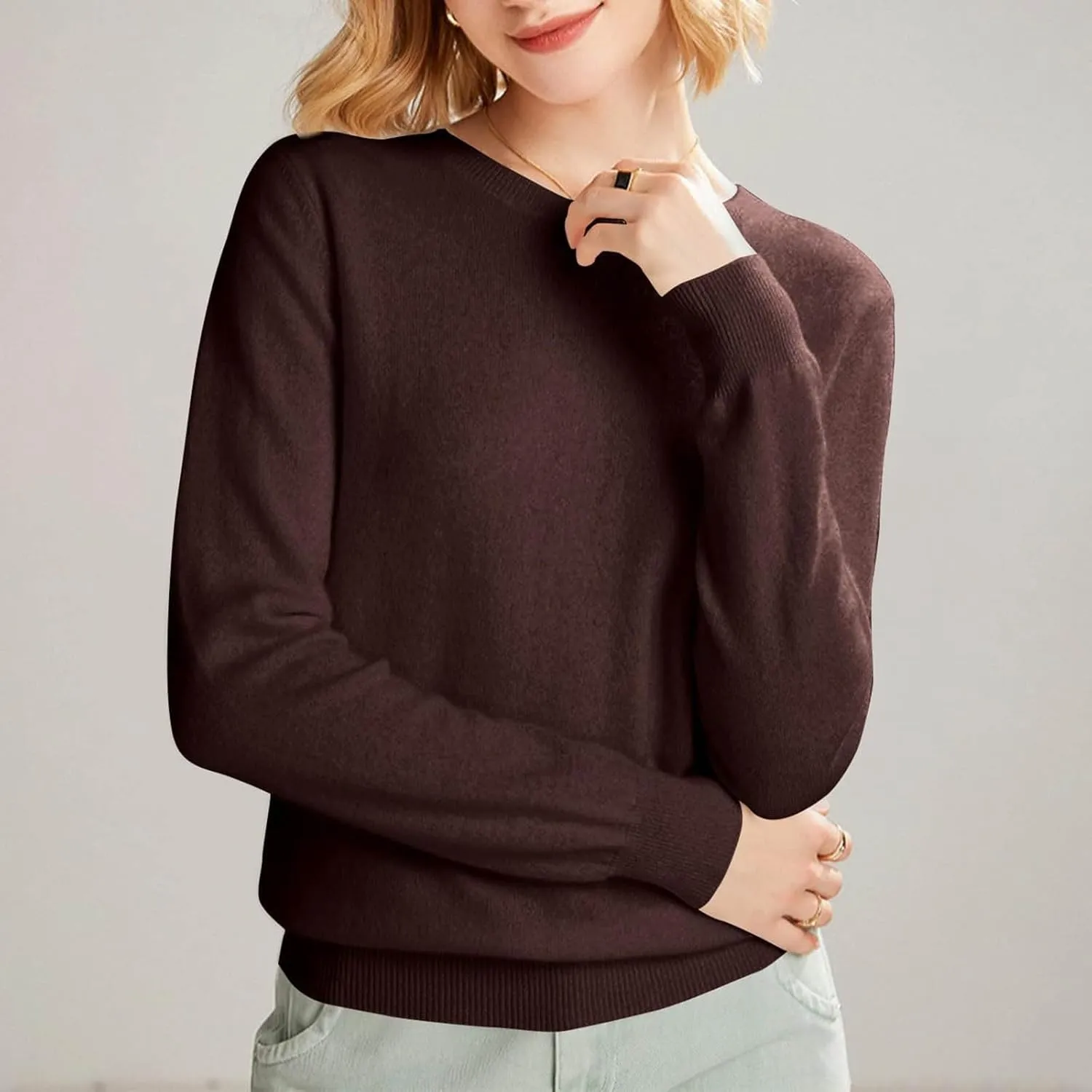 Cashmere Sweaters for Women, Crew Neck Long Sleeve Soft Warm Trendy Pullover Tops Lightweight Wool Cozy Knit Sweater