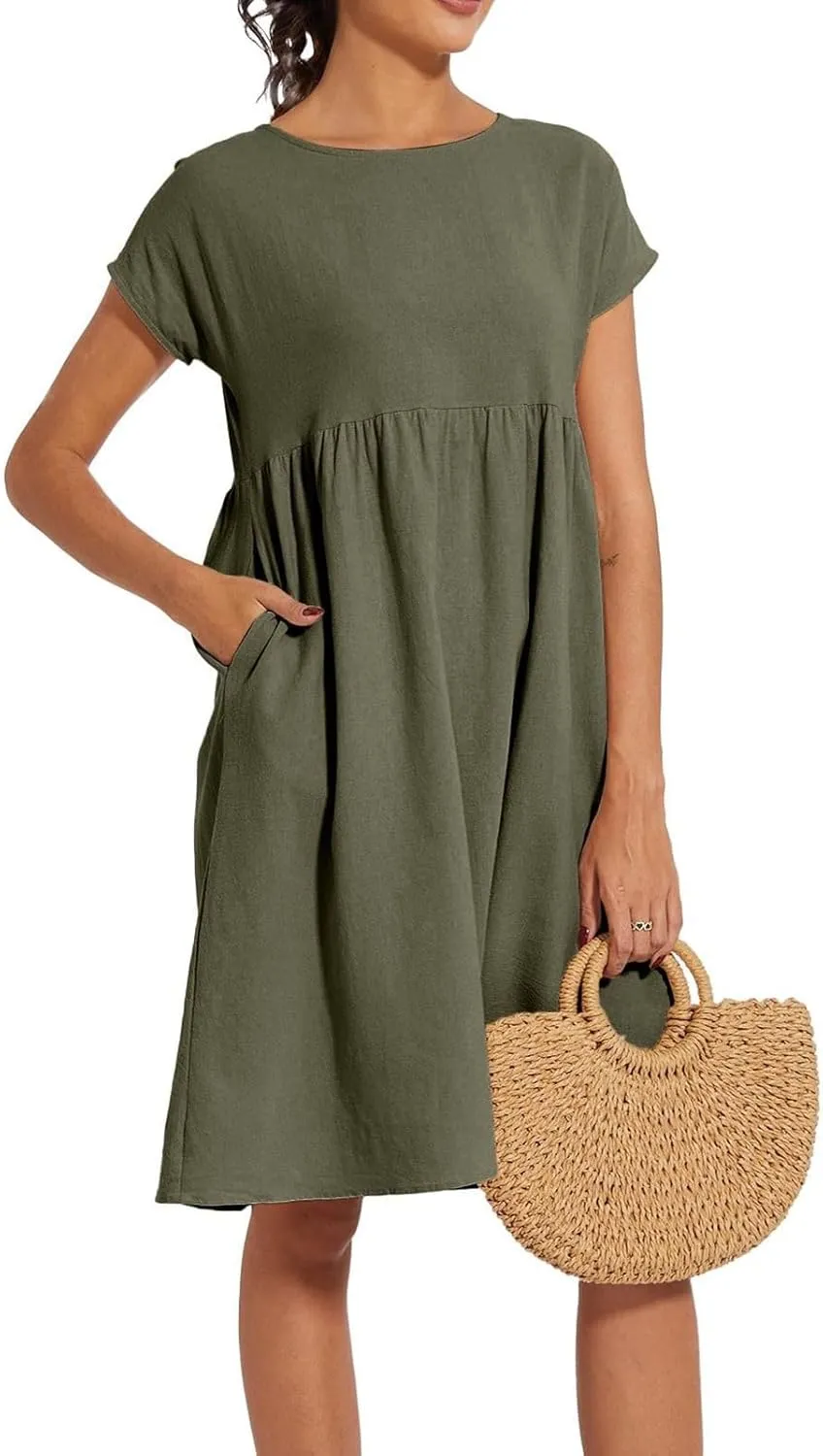 Casual Linen Dresses for Women Crewneck Summer Midi Dress with Pockets Solid Plus Size Short Sleeve T Shirt Dress