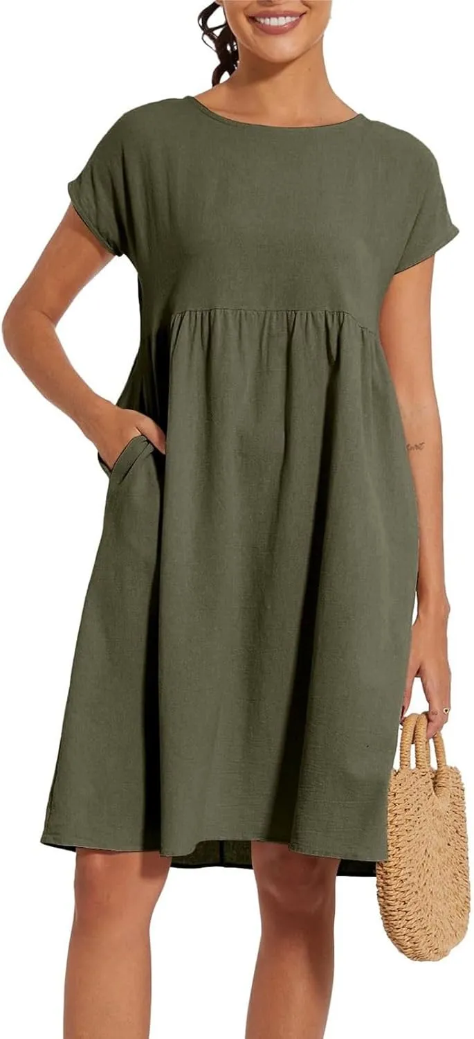 Casual Linen Dresses for Women Crewneck Summer Midi Dress with Pockets Solid Plus Size Short Sleeve T Shirt Dress