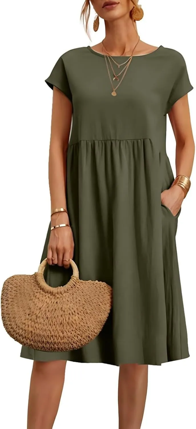 Casual Linen Dresses for Women Crewneck Summer Midi Dress with Pockets Solid Plus Size Short Sleeve T Shirt Dress