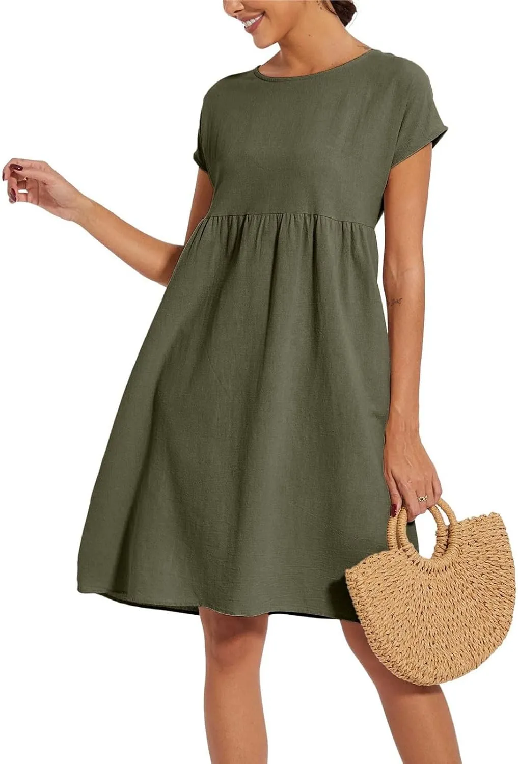 Casual Linen Dresses for Women Crewneck Summer Midi Dress with Pockets Solid Plus Size Short Sleeve T Shirt Dress