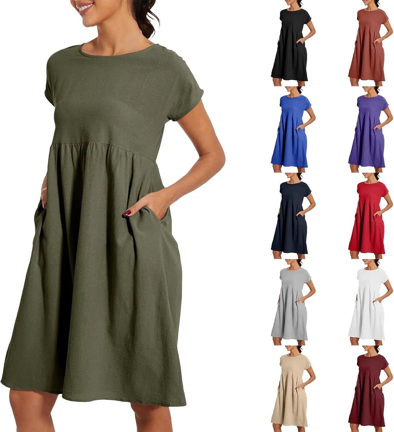 Casual Linen Dresses for Women Crewneck Summer Midi Dress with Pockets Solid Plus Size Short Sleeve T Shirt Dress