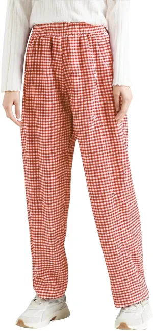 Casual Pants for Women Straight Leg Elastic Waisted Plaid Printed Trousers Trendy Baggy Comfortable Pants with Pockets