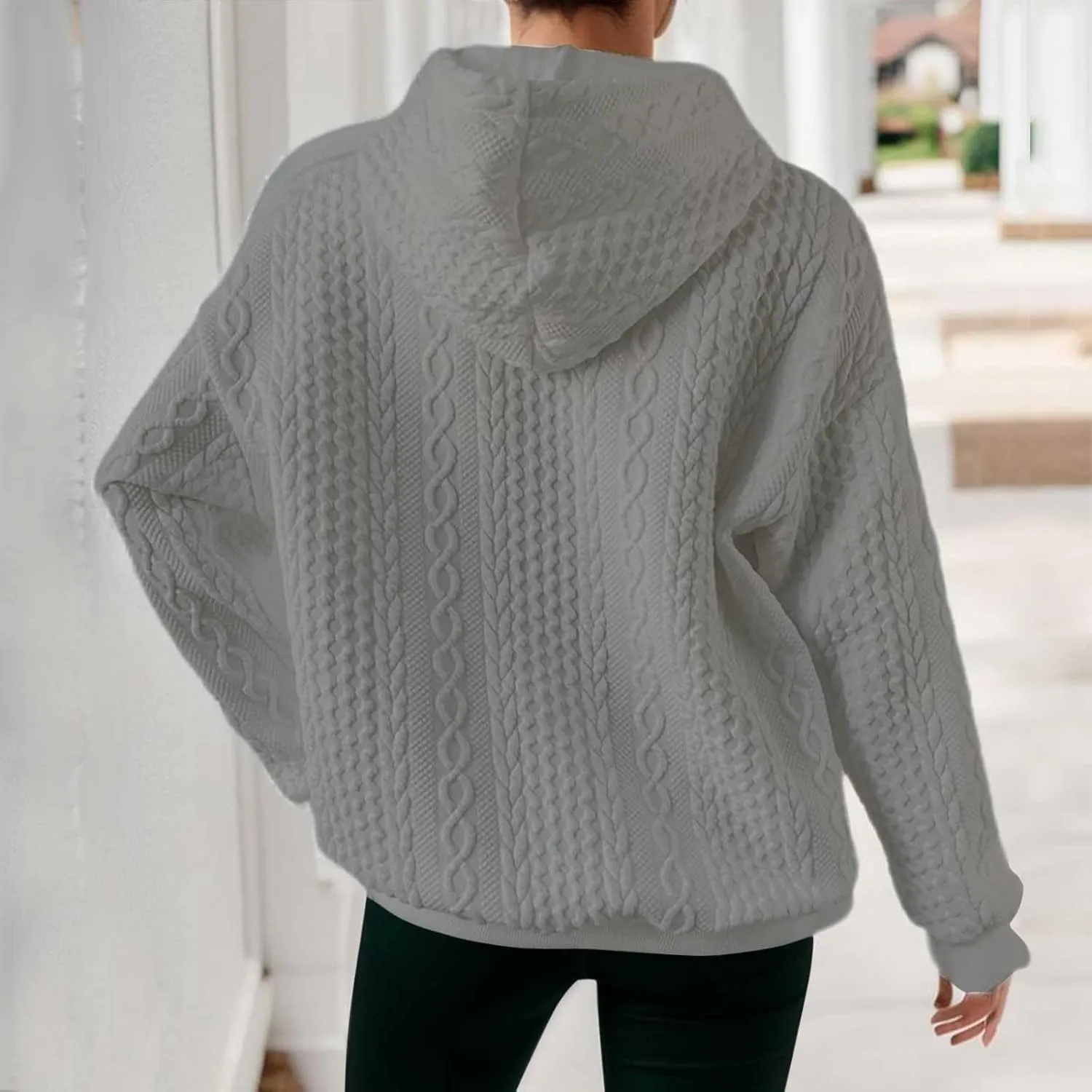 Casual Sweatshirt for Women Crewneck Pullover Tops Solid Jacquard Drawstring Hoodies Fall Loose Long Sleeve Blouse