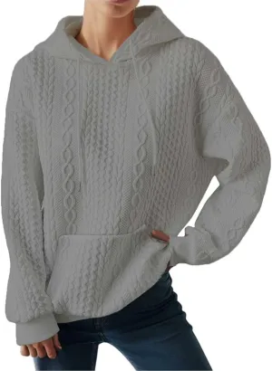 Casual Sweatshirt for Women Crewneck Pullover Tops Solid Jacquard Drawstring Hoodies Fall Loose Long Sleeve Blouse