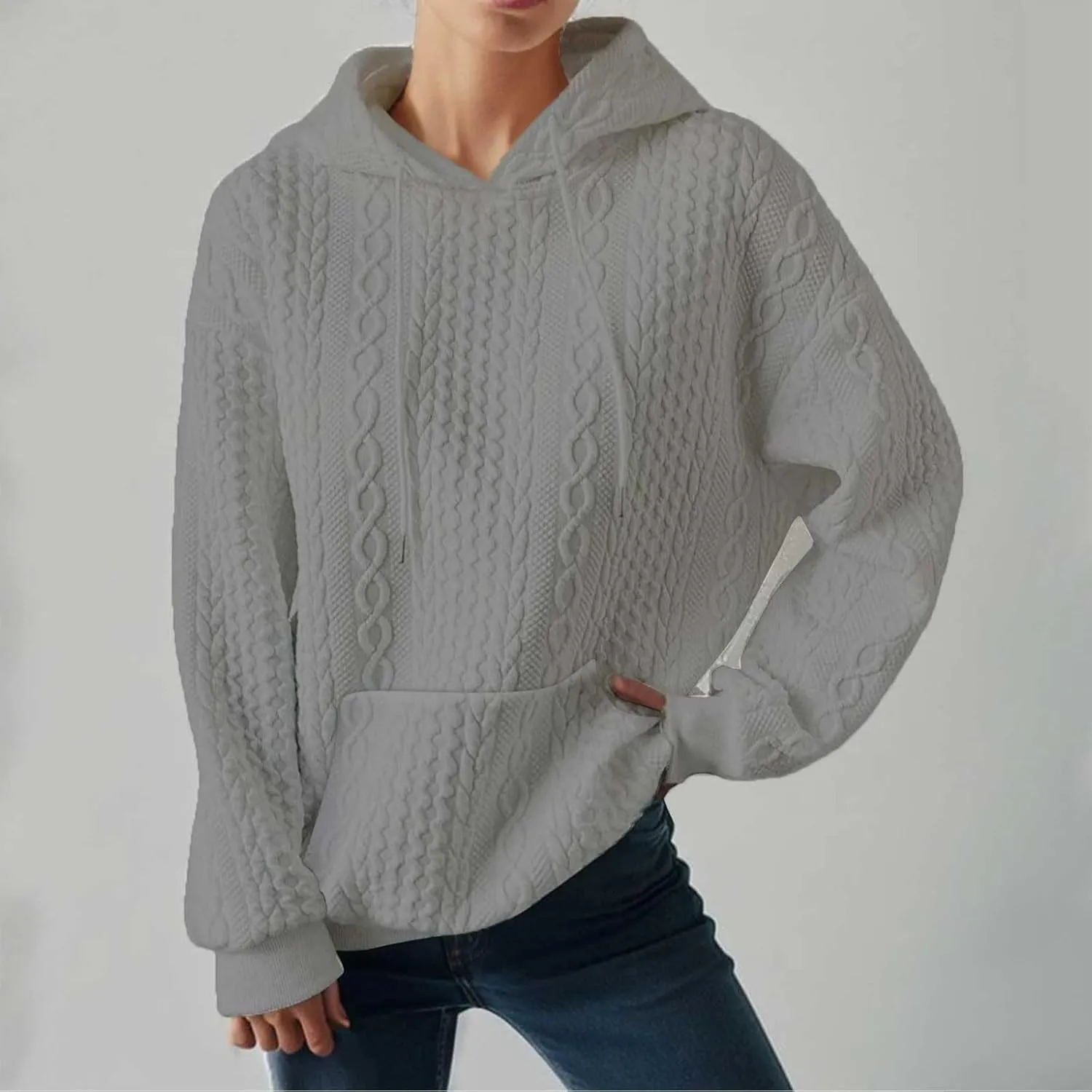 Casual Sweatshirt for Women Crewneck Pullover Tops Solid Jacquard Drawstring Hoodies Fall Loose Long Sleeve Blouse