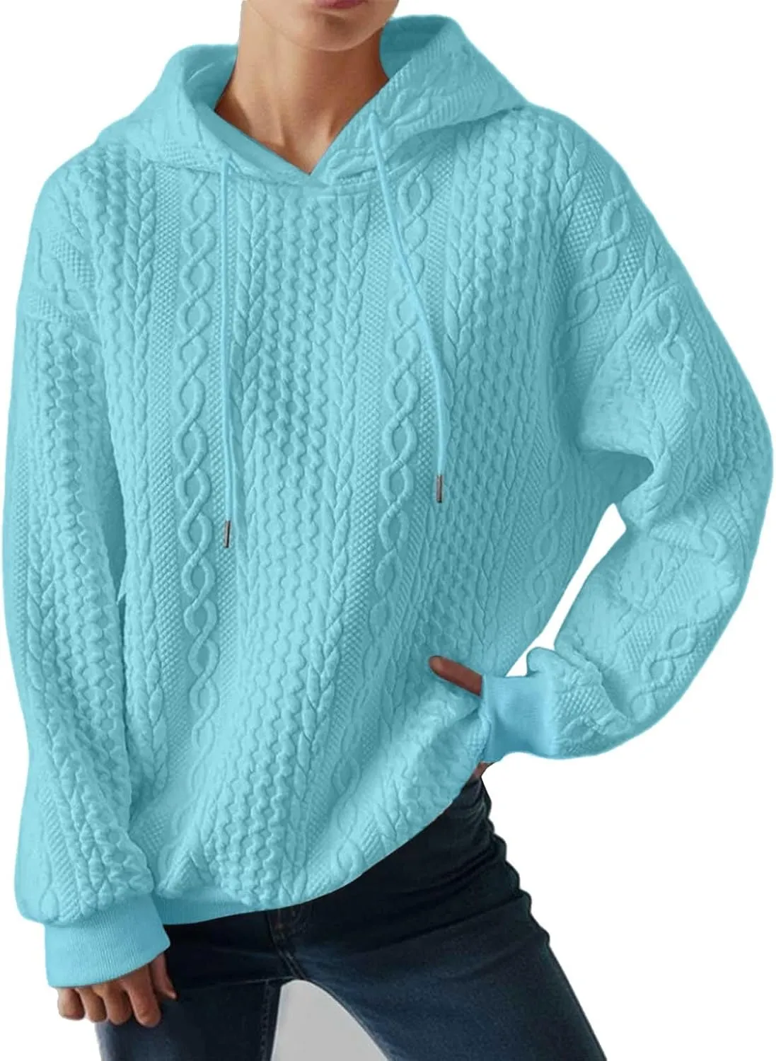 Casual Sweatshirt for Women Crewneck Pullover Tops Solid Jacquard Drawstring Hoodies Fall Loose Long Sleeve Blouse
