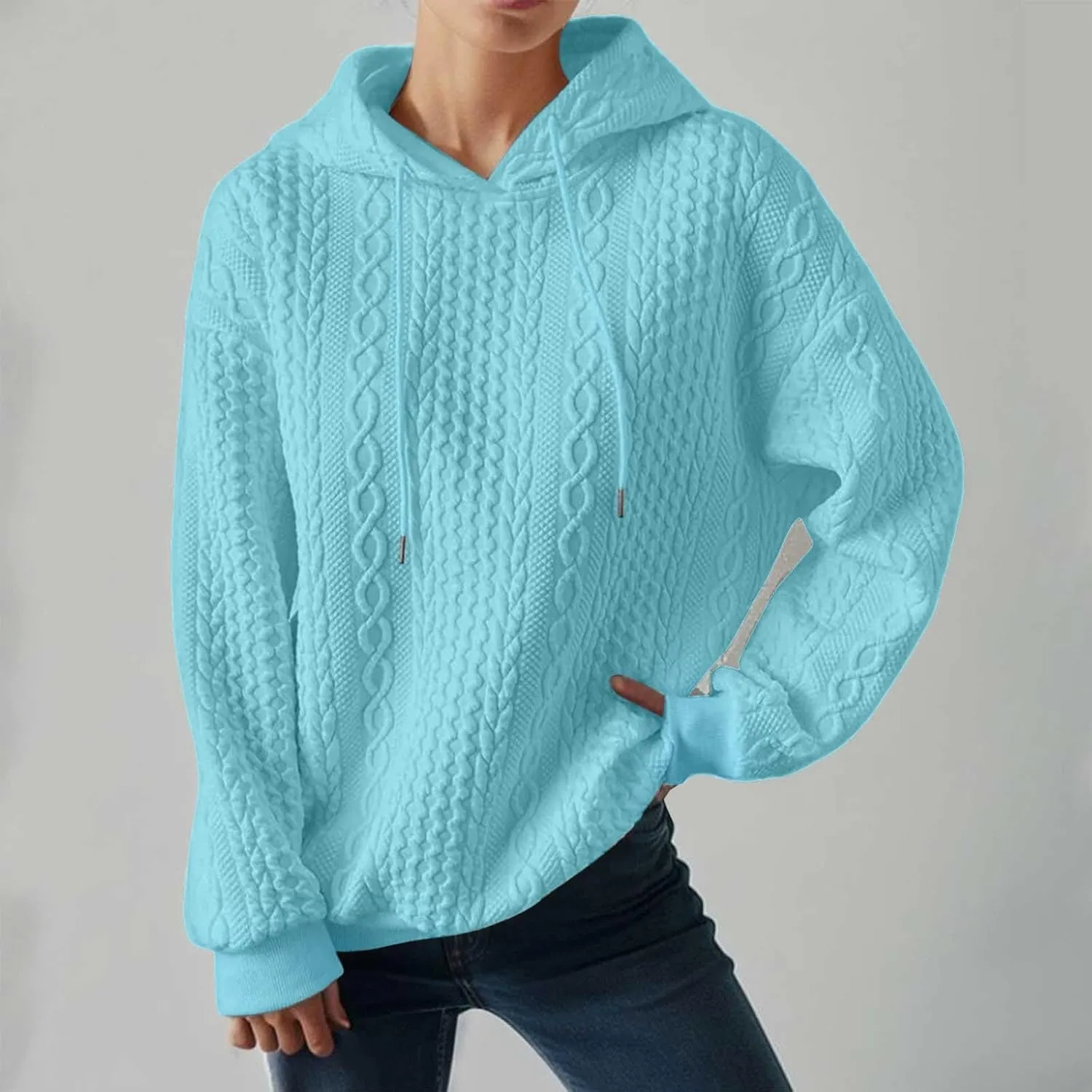 Casual Sweatshirt for Women Crewneck Pullover Tops Solid Jacquard Drawstring Hoodies Fall Loose Long Sleeve Blouse