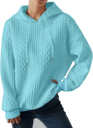 Casual Sweatshirt for Women Crewneck Pullover Tops Solid Jacquard Drawstring Hoodies Fall Loose Long Sleeve Blouse