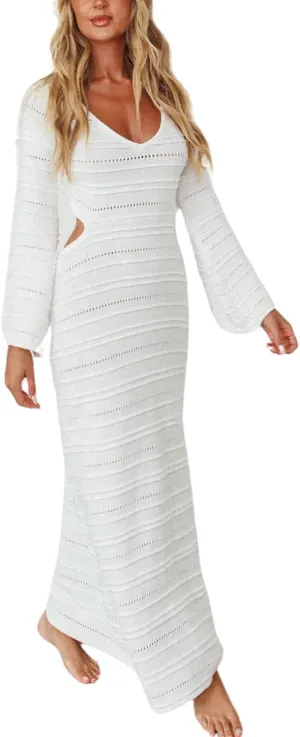 CHARTOU Women's Bodycon Dresses Knit Cut Out Sexy Long Sleeve Maxi Dress Ribbed Sweater Dress Fall 2024