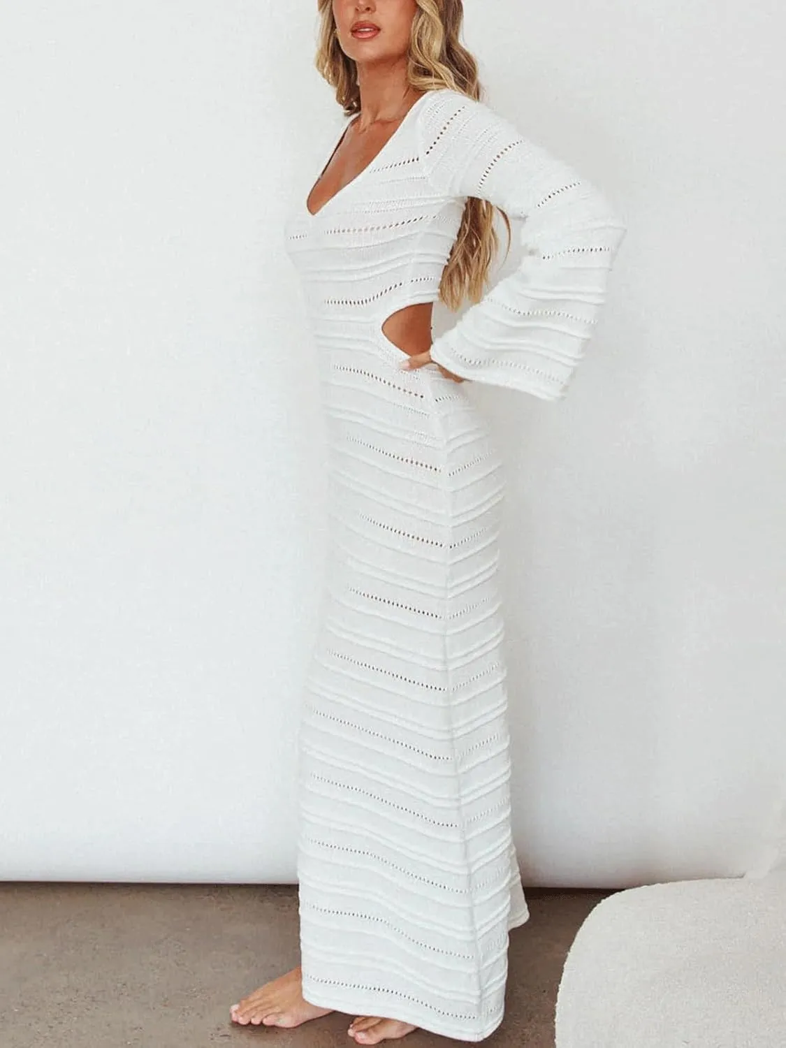 CHARTOU Women's Bodycon Dresses Knit Cut Out Sexy Long Sleeve Maxi Dress Ribbed Sweater Dress Fall 2024