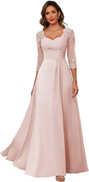 Chiffon Mother of Bride Dresses 2025 Lace Appliques 3/4 Sleeve Formal Dresses A Line Long Evening Prom Dress AU096