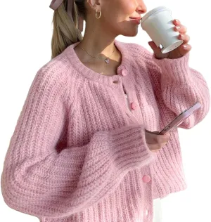 Chunky Cardigan Sweaters for Women Trendy Button Up Sweaters Casual Soft Cropped Knit Cardigans Loose