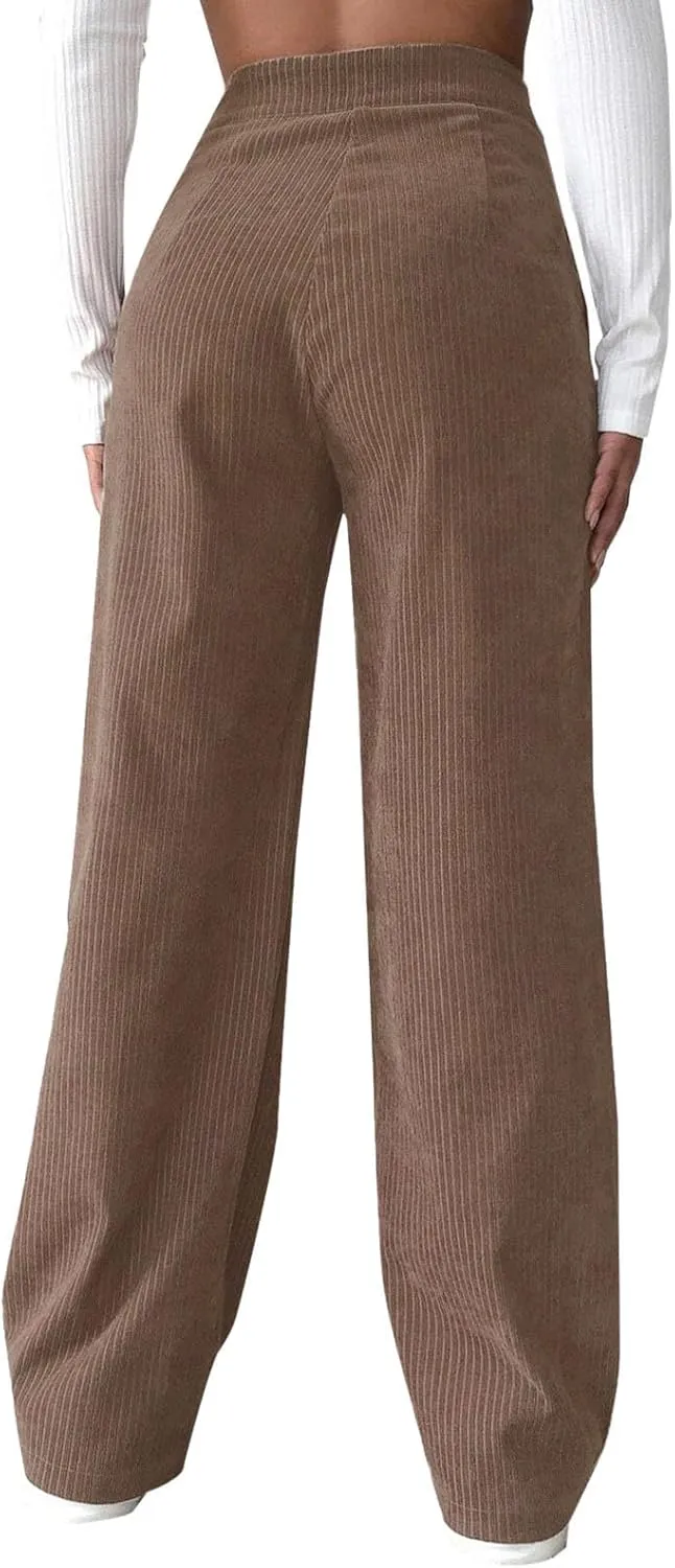 Corduroy Pants Women Casual High Waisted Straight Leg Loose Fit Trousers Fall Trendy Baggy Comfort Pants with Pockets