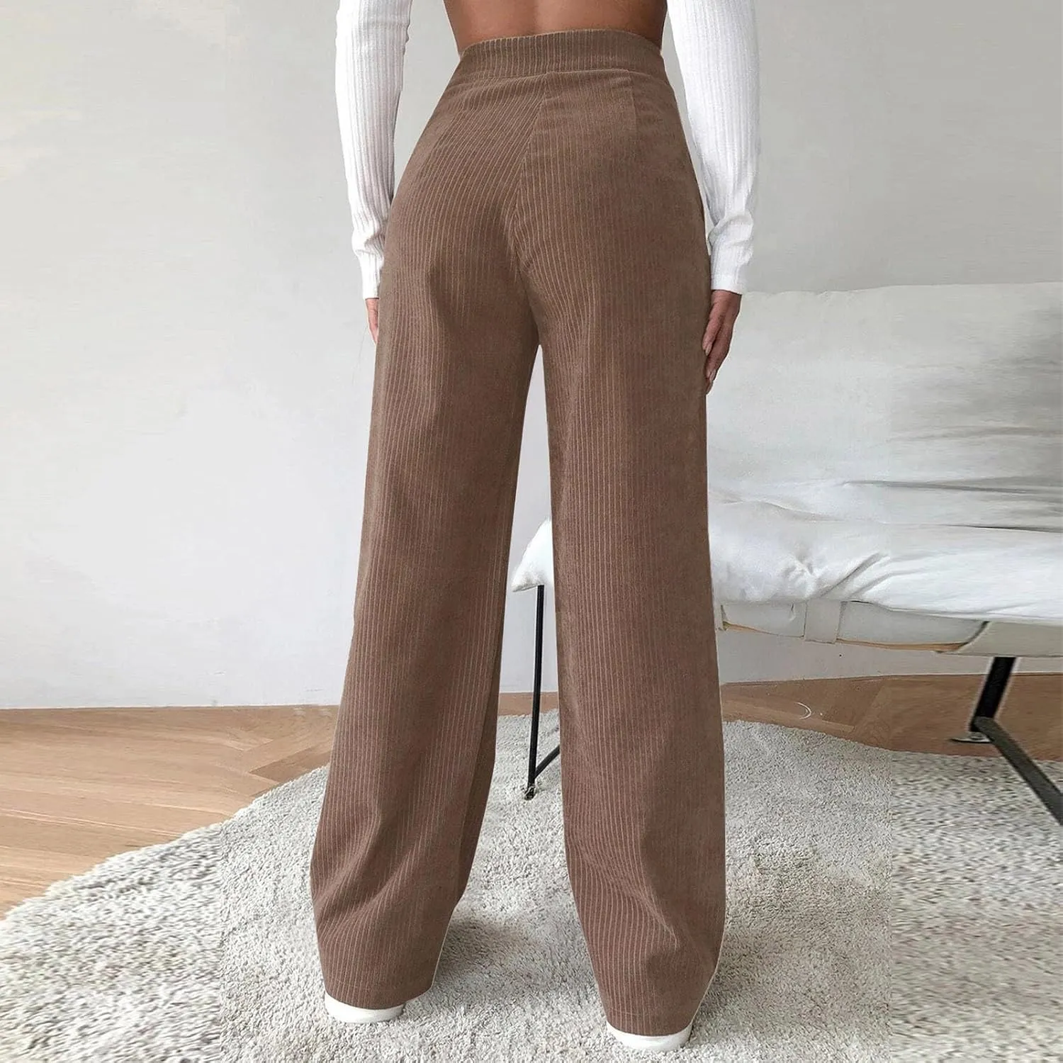 Corduroy Pants Women Casual High Waisted Straight Leg Loose Fit Trousers Fall Trendy Baggy Comfort Pants with Pockets