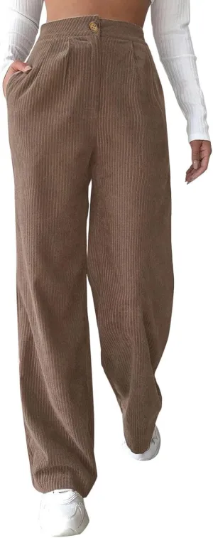 Corduroy Pants Women Casual High Waisted Straight Leg Loose Fit Trousers Fall Trendy Baggy Comfort Pants with Pockets