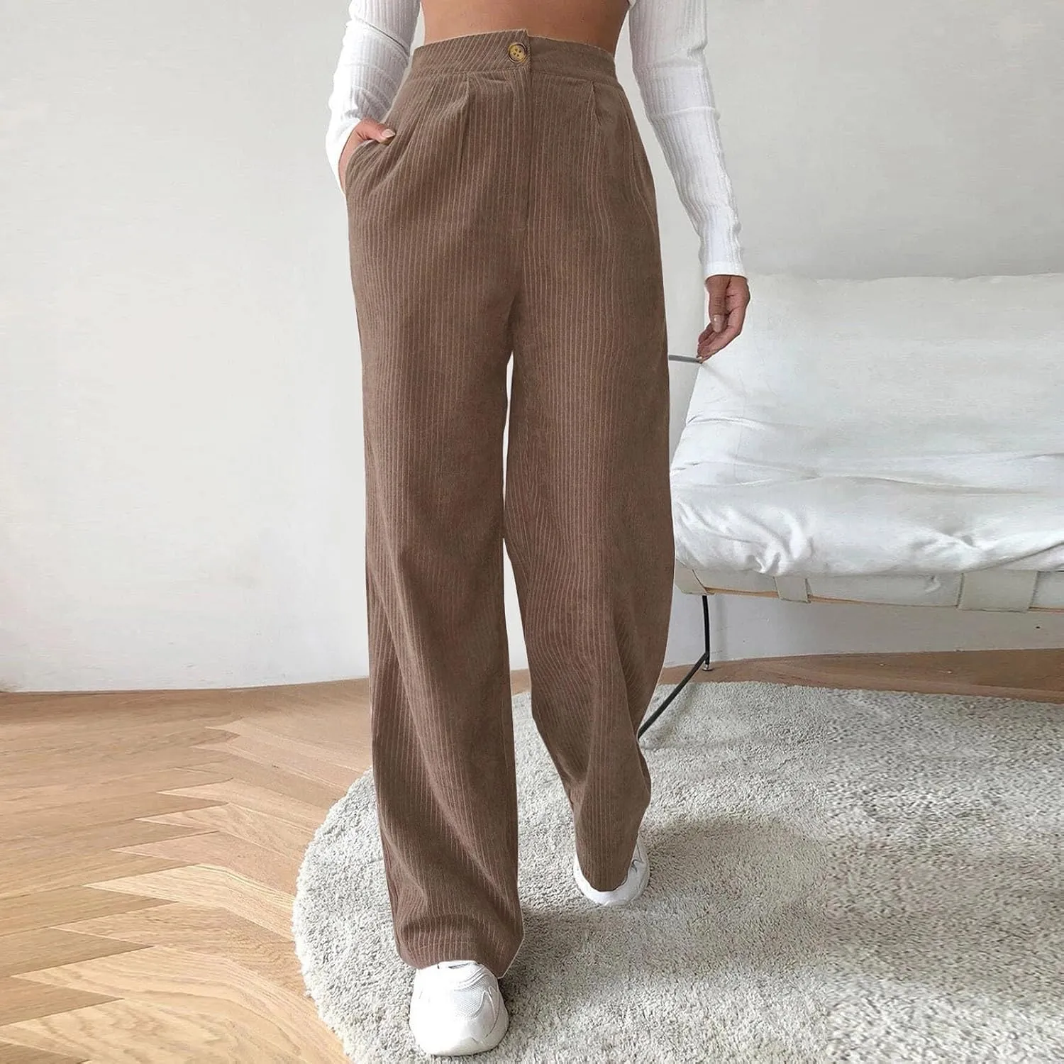 Corduroy Pants Women Casual High Waisted Straight Leg Loose Fit Trousers Fall Trendy Baggy Comfort Pants with Pockets
