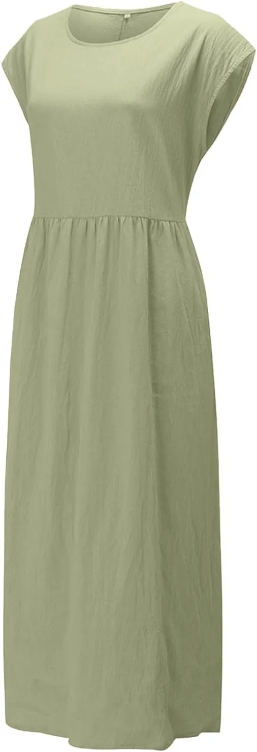 Cotton Dresses with Pockets for Women Casual Summer Midi Dress Solid Plus Size Short Sleeve Knee Length T Shirt Dress