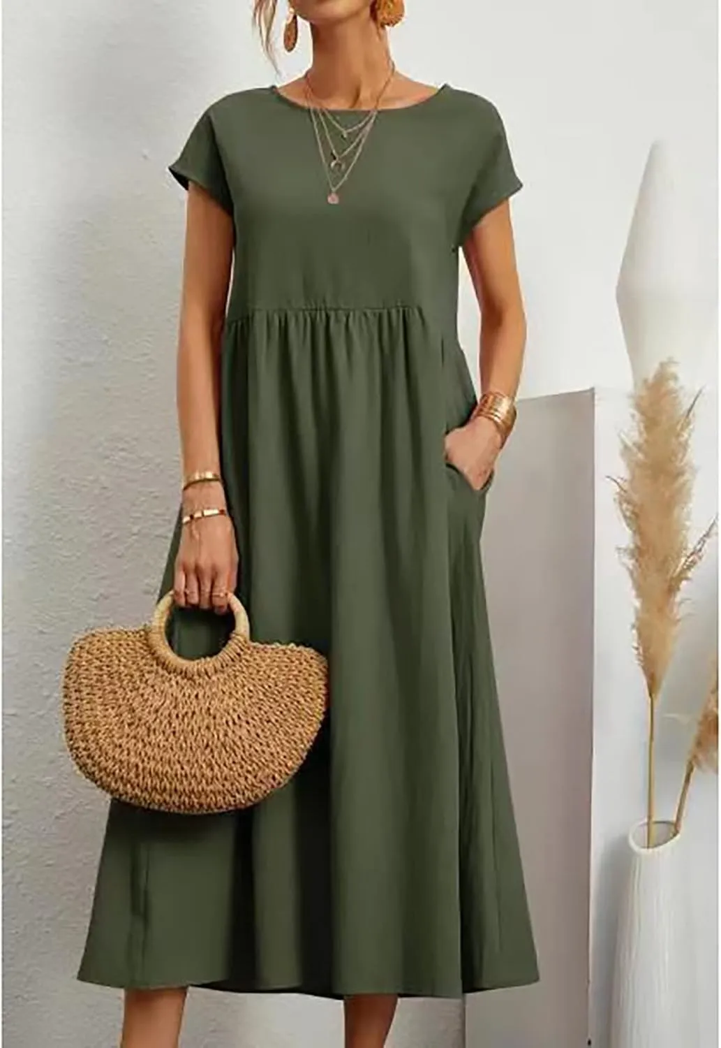 Cotton Dresses with Pockets for Women Casual Summer Midi Dress Solid Plus Size Short Sleeve Knee Length T Shirt Dress
