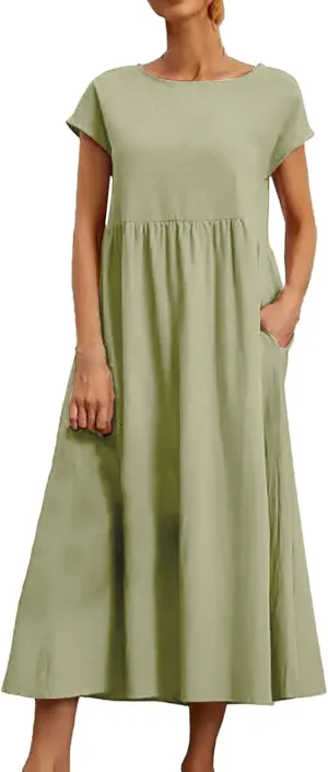 Cotton Dresses with Pockets for Women Casual Summer Midi Dress Solid Plus Size Short Sleeve Knee Length T Shirt Dress