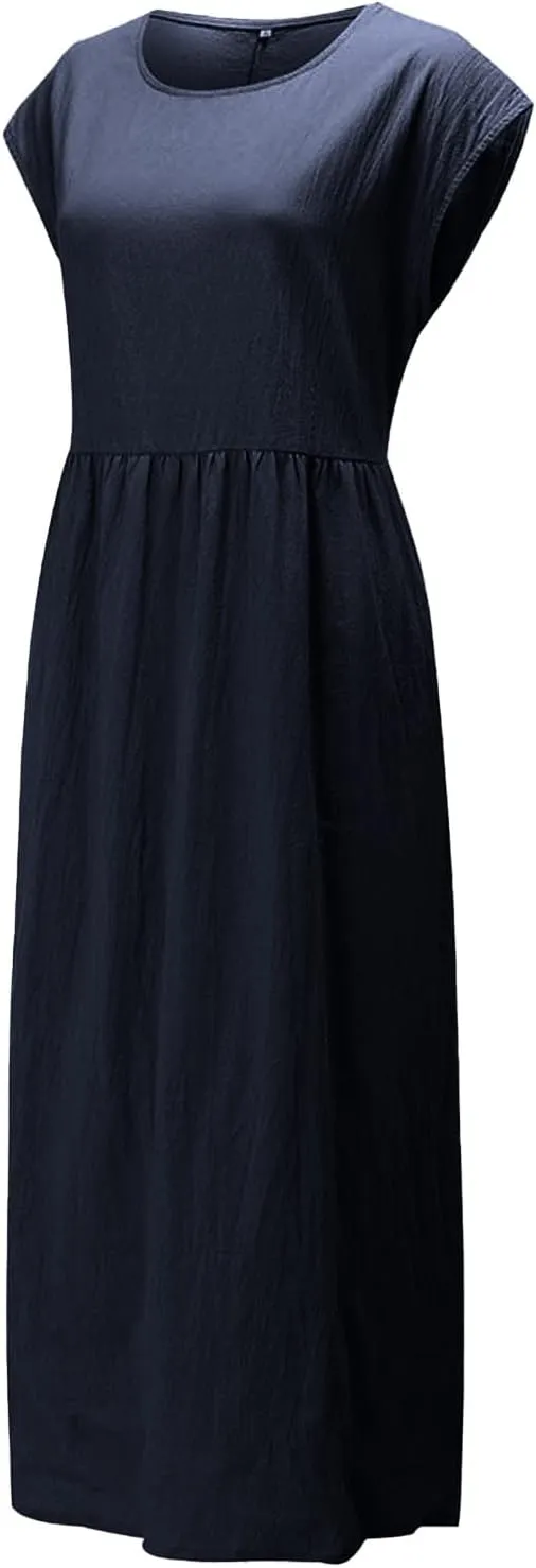 Cotton Dresses with Pockets for Women Casual Summer Midi Dress Solid Plus Size Short Sleeve Knee Length T Shirt Dress