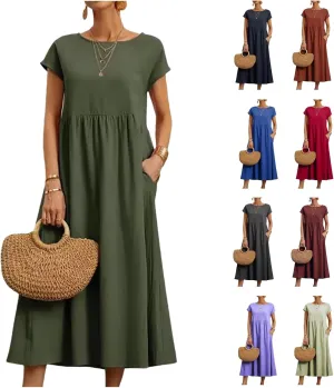 Cotton Dresses with Pockets for Women Casual Summer Midi Dress Solid Plus Size Short Sleeve Knee Length T Shirt Dress