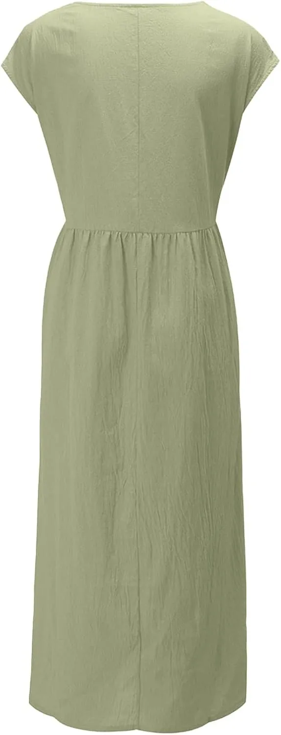Cotton Dresses with Pockets for Women Casual Summer Midi Dress Solid Plus Size Short Sleeve Knee Length T Shirt Dress