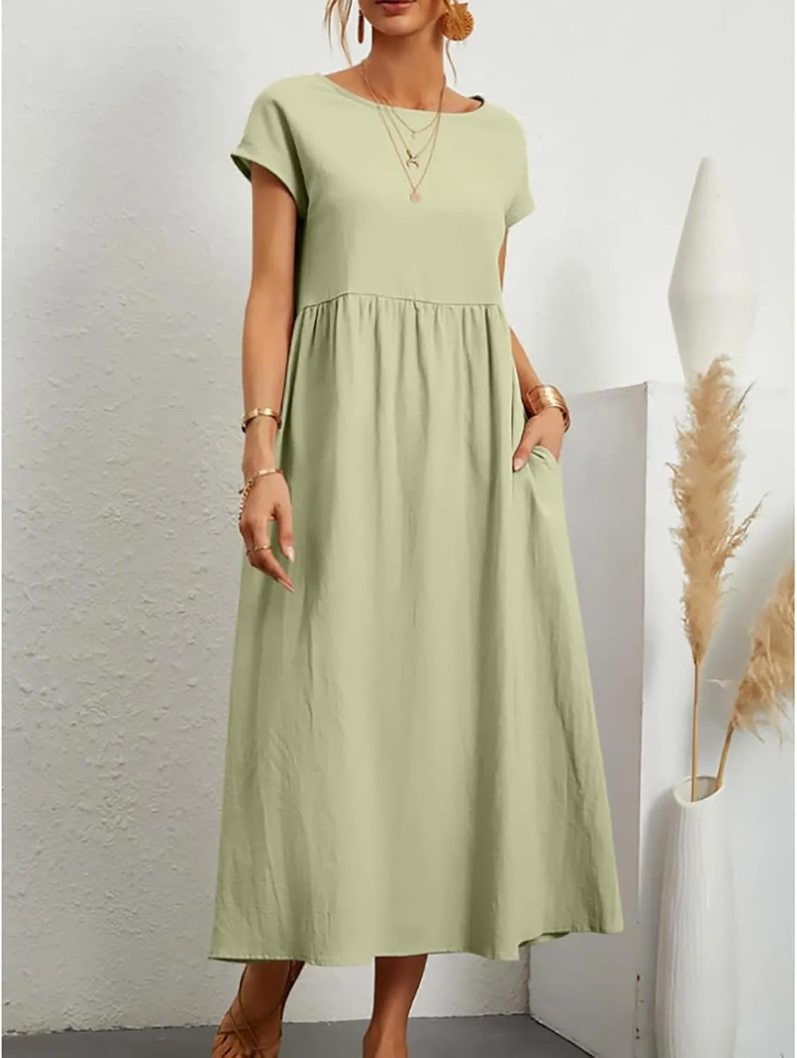 Cotton Dresses with Pockets for Women Casual Summer Midi Dress Solid Plus Size Short Sleeve Knee Length T Shirt Dress