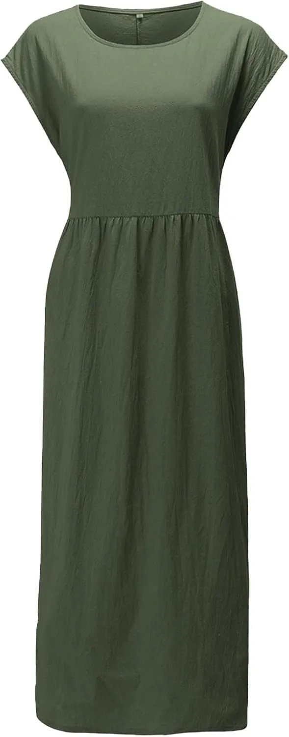 Cotton Dresses with Pockets for Women Casual Summer Midi Dress Solid Plus Size Short Sleeve Knee Length T Shirt Dress