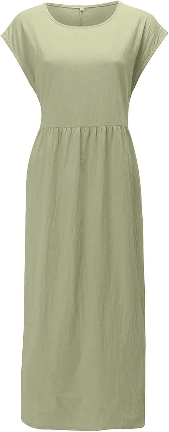 Cotton Dresses with Pockets for Women Casual Summer Midi Dress Solid Plus Size Short Sleeve Knee Length T Shirt Dress