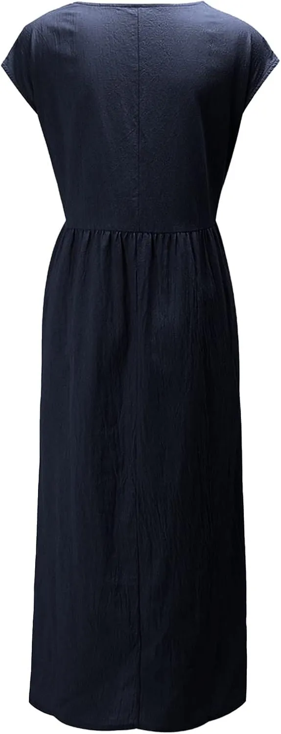 Cotton Dresses with Pockets for Women Casual Summer Midi Dress Solid Plus Size Short Sleeve Knee Length T Shirt Dress