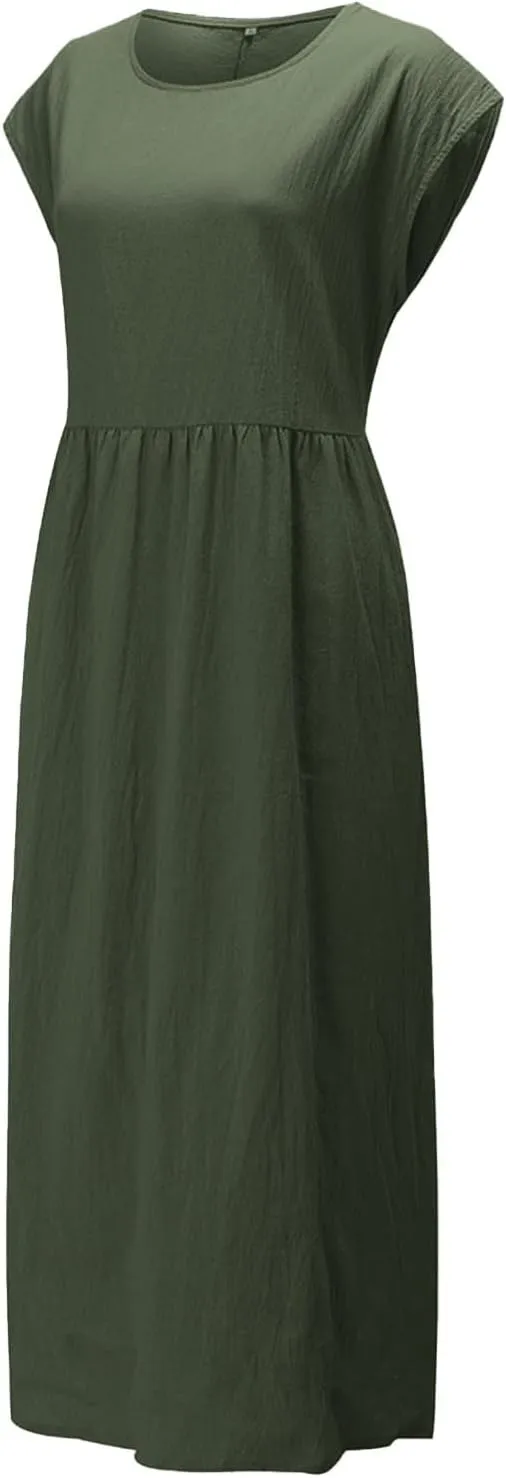 Cotton Dresses with Pockets for Women Casual Summer Midi Dress Solid Plus Size Short Sleeve Knee Length T Shirt Dress