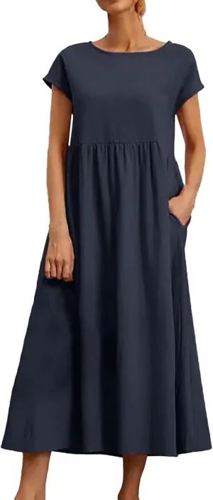 Cotton Dresses with Pockets for Women Casual Summer Midi Dress Solid Plus Size Short Sleeve Knee Length T Shirt Dress