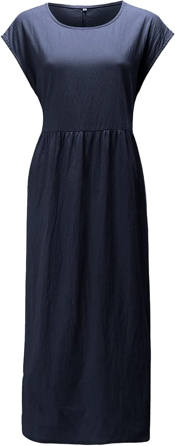 Cotton Dresses with Pockets for Women Casual Summer Midi Dress Solid Plus Size Short Sleeve Knee Length T Shirt Dress
