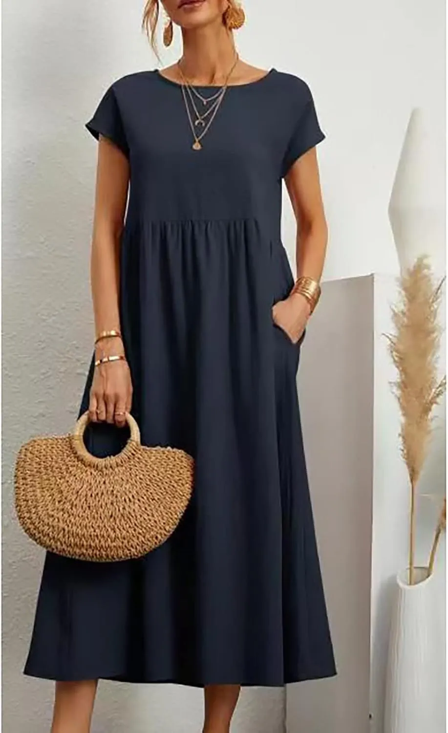 Cotton Dresses with Pockets for Women Casual Summer Midi Dress Solid Plus Size Short Sleeve Knee Length T Shirt Dress