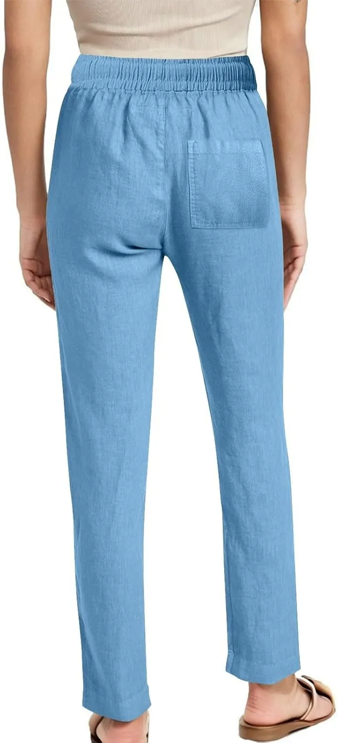 Cotton Linen Pants for Women Loose Fit Drawstring Elastic High Waist Casual Trouser Solid Lounge Pants with Pockets
