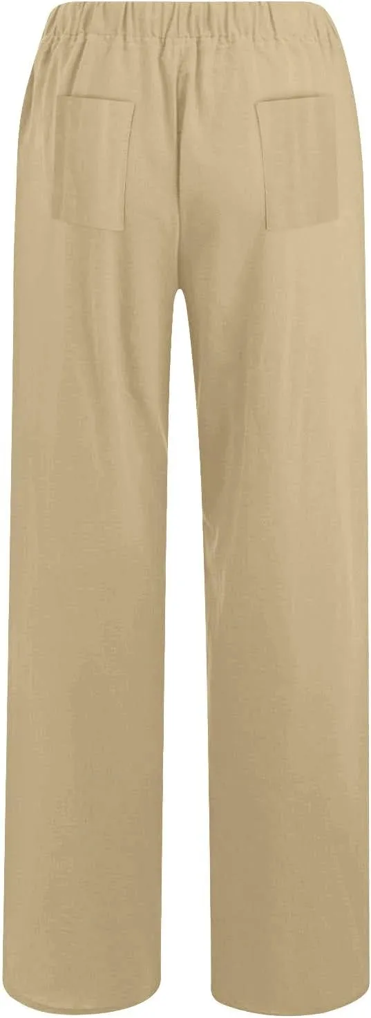 Cotton Linen Pants for Women Summer Drawstring High Waisted Palazzo Pant Casual Wide Leg Yoga Trouser with Pockets